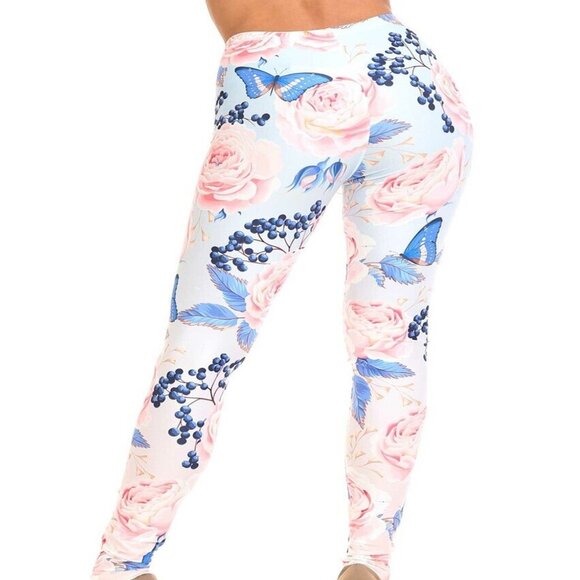 Women One Size Plus Fits Sizes 14-22 Leggings Buttery Soft Butterfly/Pink Roses - Picture 2 of 4